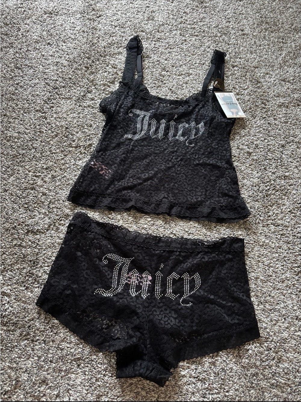 Juicy Couture Black Lace Rhinestone Logo Cami & shorts Set Sz Small